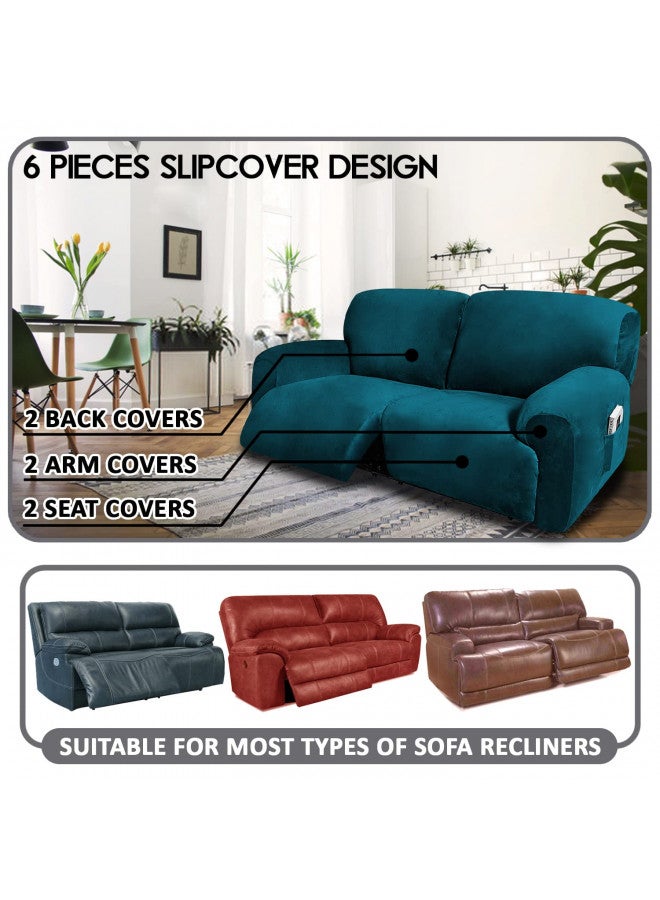 ULTICOR Extra Wide 75" - 100", Reclining 2 Seater Sofa, Extra Wide Reclining Love Seat Slipcover, 6-Piece Velvet Stretch, Reclining Sofa Covers, Thick, Soft, Washable (Deep Teal) - Image 1