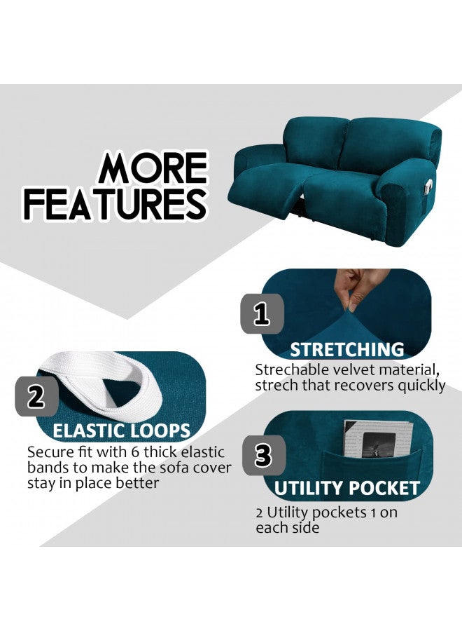 ULTICOR Extra Wide 75" - 100", Reclining 2 Seater Sofa, Extra Wide Reclining Love Seat Slipcover, 6-Piece Velvet Stretch, Reclining Sofa Covers, Thick, Soft, Washable (Deep Teal) - Image 2