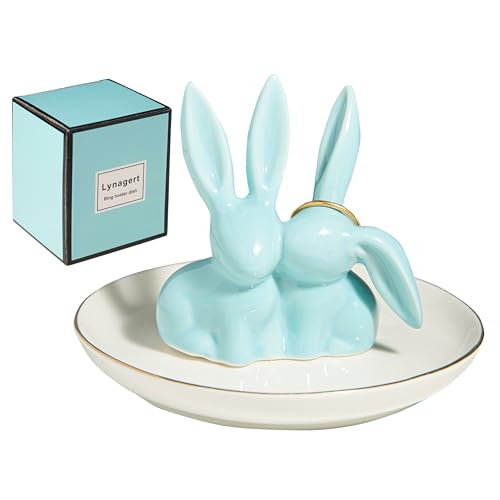 Lynagert Bunny Rabbit Ceramic Jewelry Holder Dish Trinket Tray for Rings Earrings Necklace Organizer Wedding Engagement Ring Holder Blue - Image 1