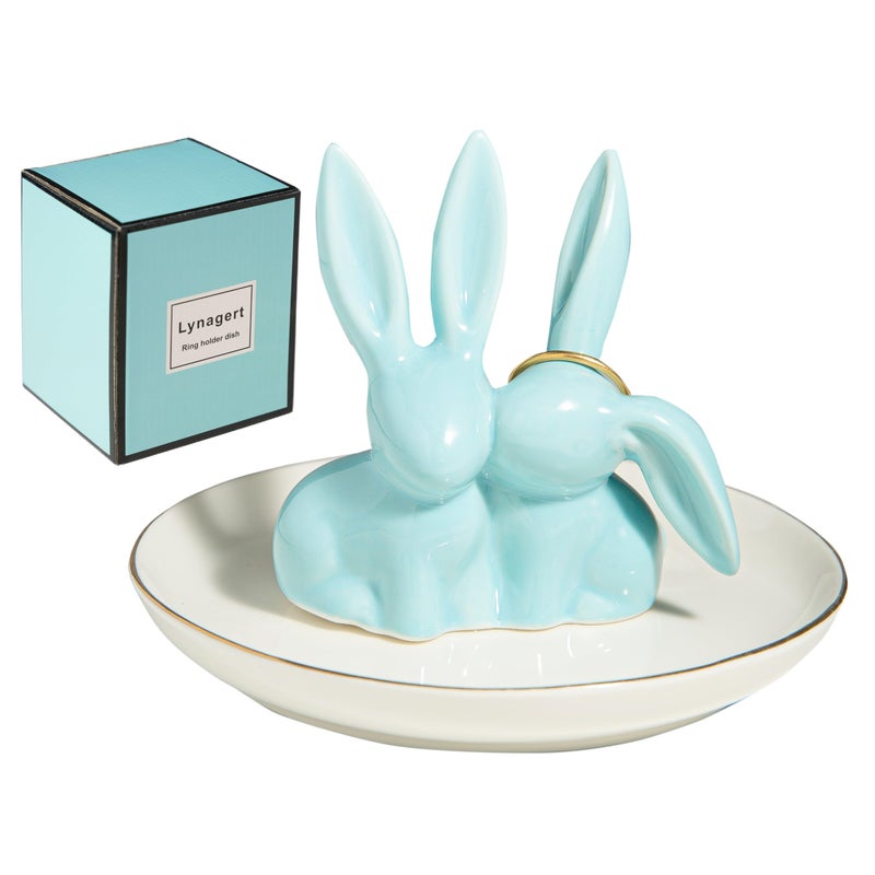 Lynagert Bunny Rabbit Ceramic Jewelry Holder Dish Trinket Tray for Rings Earrings Necklace Organizer Wedding Engagement Ring Holder Blue - Image 2