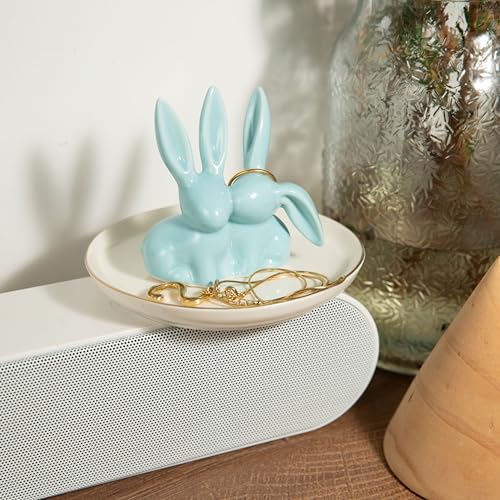 Lynagert Bunny Rabbit Ceramic Jewelry Holder Dish Trinket Tray for Rings Earrings Necklace Organizer Wedding Engagement Ring Holder Blue - Image 3