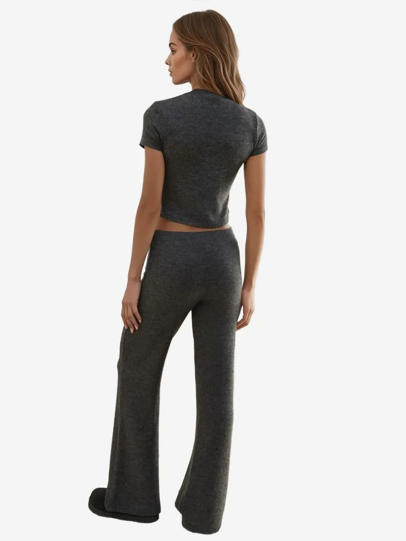 Hiccup Dark Grey Elastic Waist Soft Textured Knitted Pants for Women | Best Price UAE