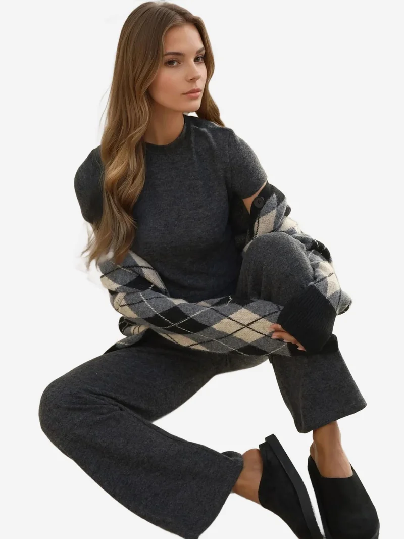 Hiccup Dark Grey Elastic Waist Soft Textured Knitted Pants for Women | Best Price UAE