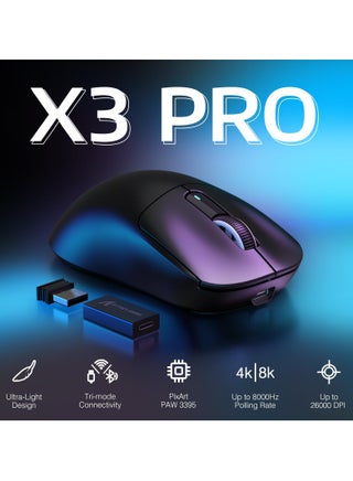 ماوس ألعاب لاسلكي خفيف الوزن X3PRO 4K/8K مع وضع ثلاثي (سلكي/2.4 جيجا هرتز/بلوتوث)، مستشعر بصري PAW3395، 26 ألف نقطة في البوصة، مفتاح Kailh GM8.0، بطارية طويلة، 7 أزرار للكمبيوتر الشخصي/الكمبيوتر المحمول/ويندوز/ماك (أسود) - view 2