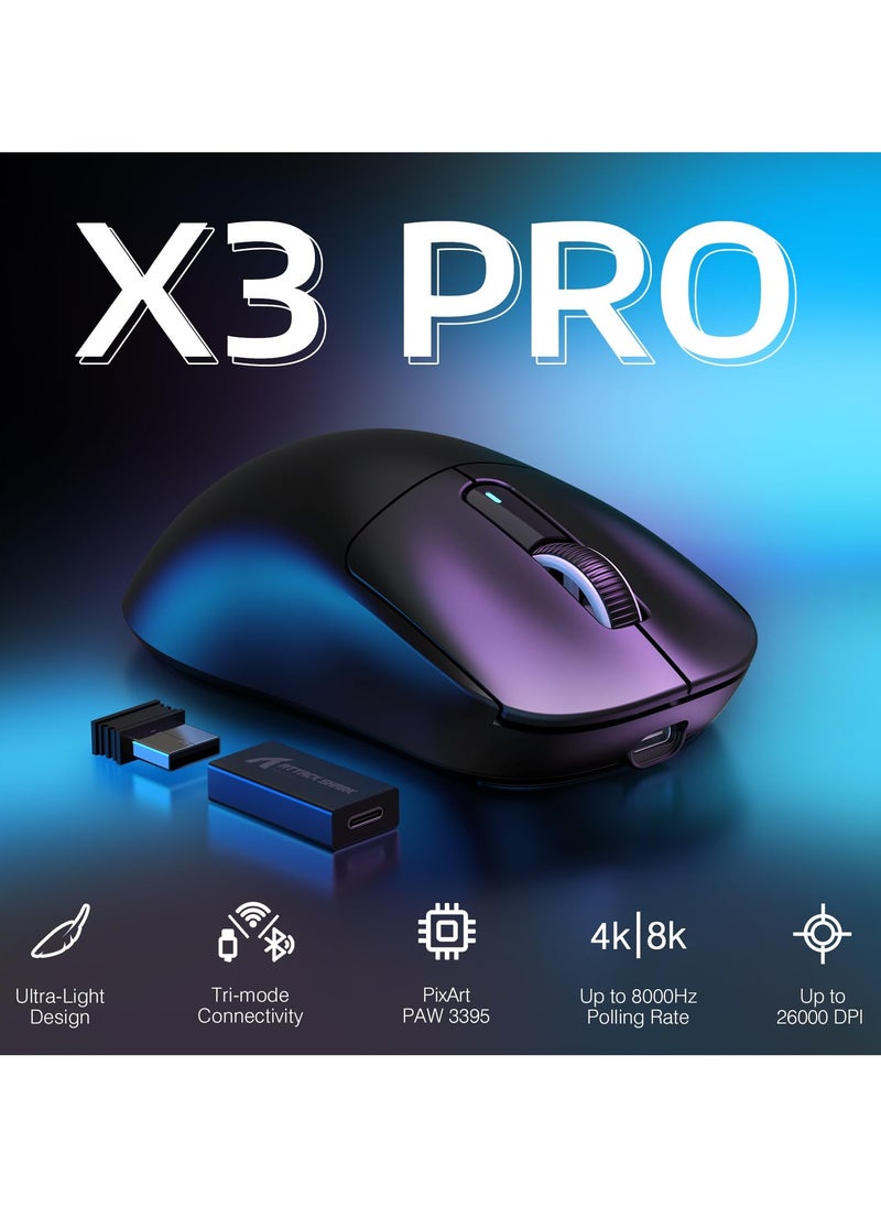 Attack Shark - X3PRO 4K/8K Lightweight Wireless Gaming Mouse with Tri-Mode(Wired/2.4GHz/BT),PAW3395 Optical Sensor,26K DPI,Kailh GM8.0 Switch,Long Battery,7 Buttons for PC/Laptop/Win/Mac(Black) - Image 1