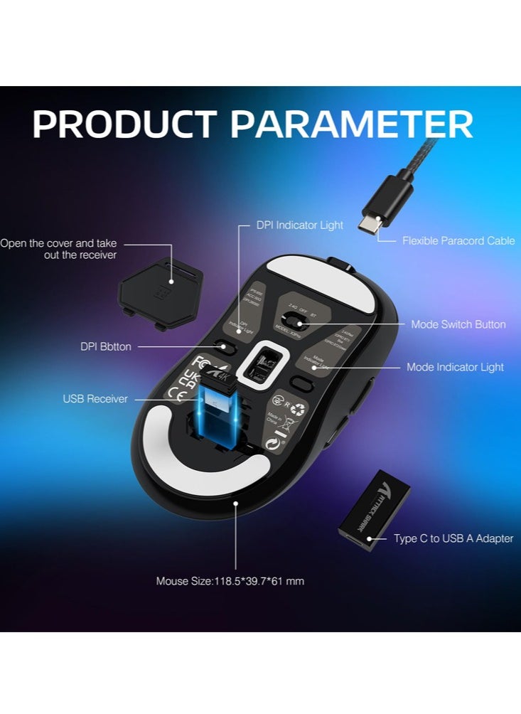 Attack Shark - X3PRO 4K/8K Lightweight Wireless Gaming Mouse with Tri-Mode(Wired/2.4GHz/BT),PAW3395 Optical Sensor,26K DPI,Kailh GM8.0 Switch,Long Battery,7 Buttons for PC/Laptop/Win/Mac(Black) - Image 1