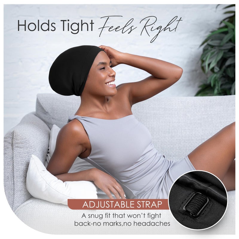 CAPLORD Adjustable Satin Bonnet for Men & Women - Satin Beanie for All Hair Types, Perfect as Sleep Bonnet for Curly or Soft Hair - Wrap Sleep Cap Black - Image 3