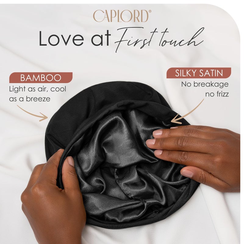 CAPLORD Adjustable Satin Bonnet for Men & Women - Satin Beanie for All Hair Types, Perfect as Sleep Bonnet for Curly or Soft Hair - Wrap Sleep Cap Black - Image 2