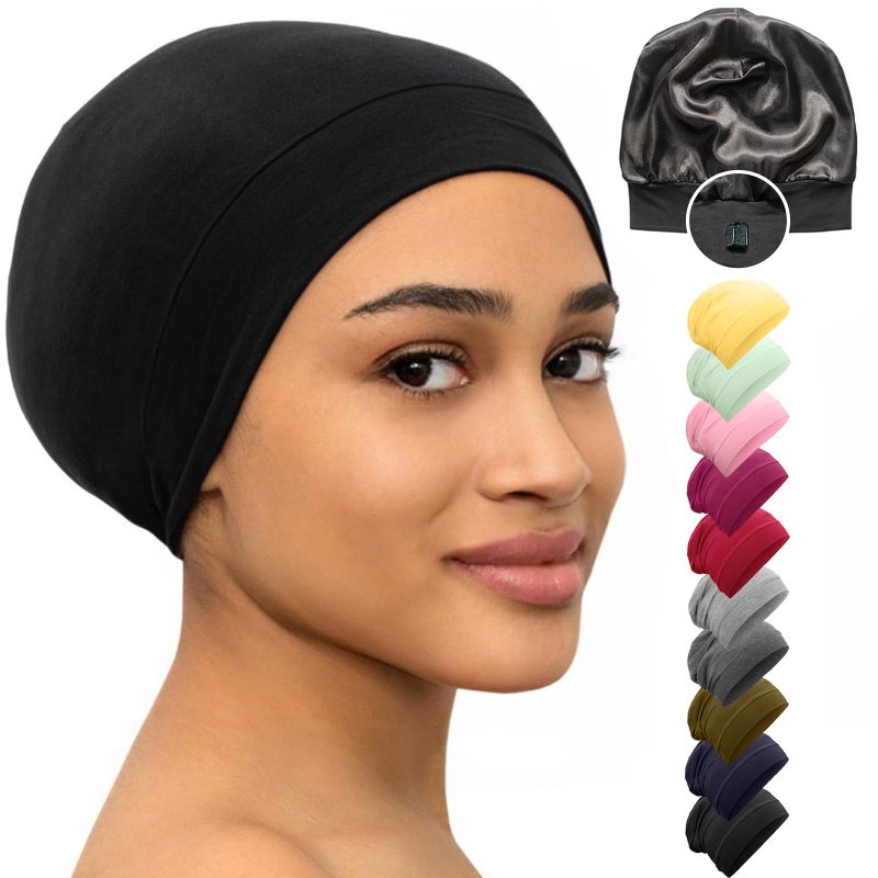 CAPLORD Adjustable Satin Bonnet for Men & Women - Satin Beanie for All Hair Types, Perfect as Sleep Bonnet for Curly or Soft Hair - Wrap Sleep Cap Black - Image 1