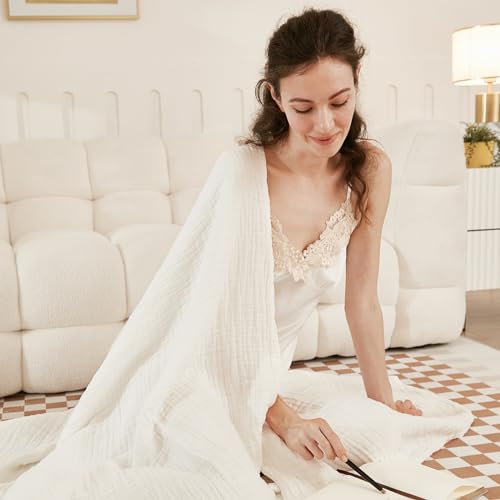 EMME Cotton Blanket King Size for Bed Soft Muslin Blankets 108"x90" Lightweight Breathable Layering Blanket Bedspread Coverlet All Season Gauze, White - Image 3
