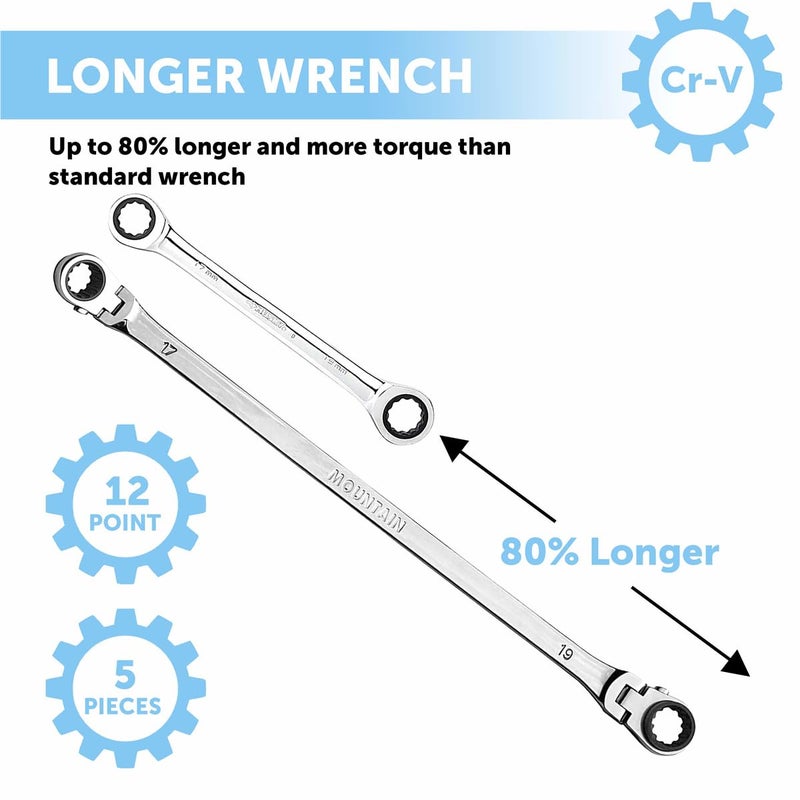 Mountain 5-Piece Metric Double Box Universal Spline Reversible Ratcheting Wrench Set; 8 mm - 18mm, 90 Tooth Design, Long, Flexible; MTNRM6 - Image 5