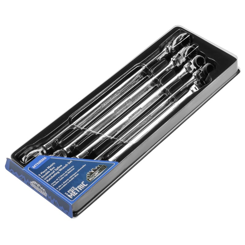 Mountain 5-Piece Metric Double Box Universal Spline Reversible Ratcheting Wrench Set; 8 mm - 18mm, 90 Tooth Design, Long, Flexible; MTNRM6 - Image 2