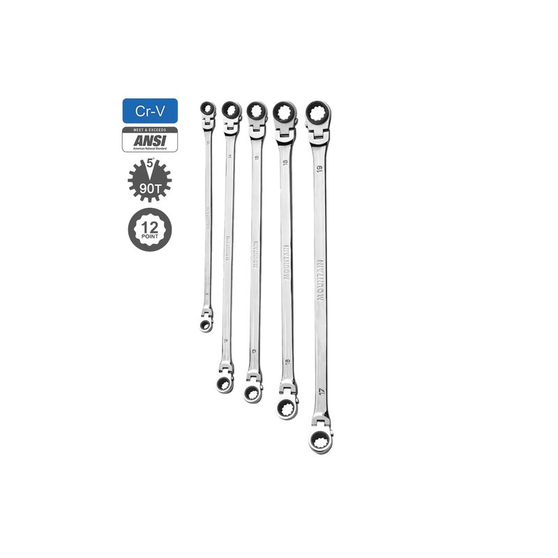 Mountain 5-Piece Metric Double Box Universal Spline Reversible Ratcheting Wrench Set; 8 mm - 18mm, 90 Tooth Design, Long, Flexible; MTNRM6 - Image 3