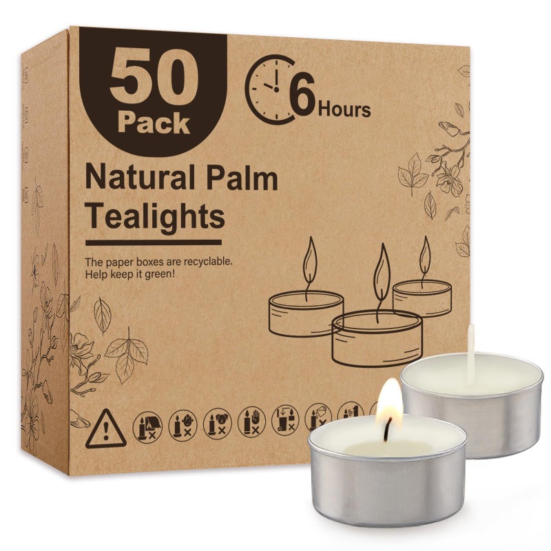 Ashlux Unscented Palm Tea Lights Candles 50 Pack Bulk 6 to 7 Hours Long Burning White Tea LightsNonParaffin Smokeless Mini Tealight Candles for Wedding Christmas Lights Party Power Outages