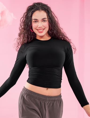 YEOREO Long Sleeve Shirts for Women y2k Tops Double Lined Basic Tee Crew Neck Going Out Sweeney Workout Undershirt Black M - Image 3