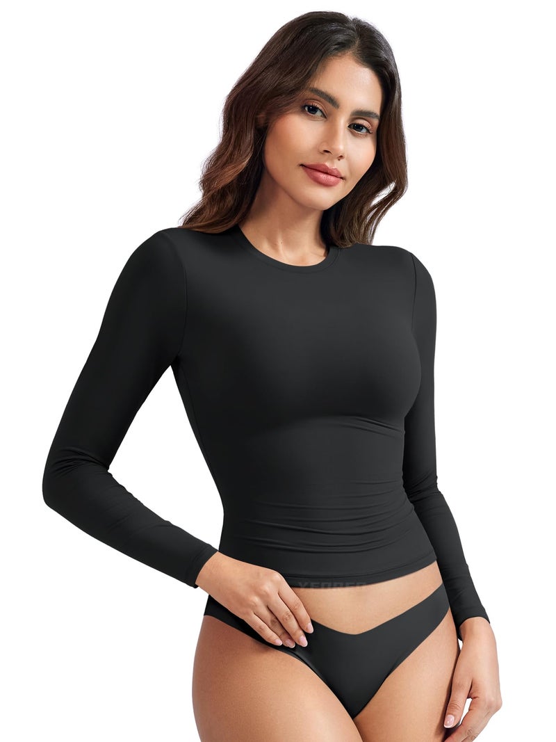 YEOREO Long Sleeve Shirts for Women y2k Tops Double Lined Basic Tee Crew Neck Going Out Sweeney Workout Undershirt Black M - Image 2
