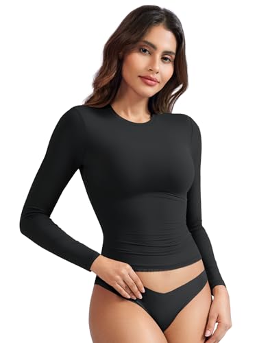 YEOREO Long Sleeve Shirts for Women y2k Tops Double Lined Basic Tee Crew Neck Going Out Sweeney Workout Undershirt Black M - Image 1