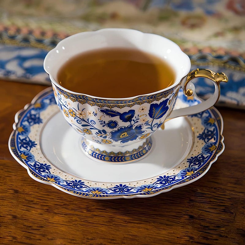 ACMLIFE Bone China Tea Cups and Saucers 68 oz Tea Cup and Saucer Set with Gold Trim and Gift Box Blue and White - Image 2