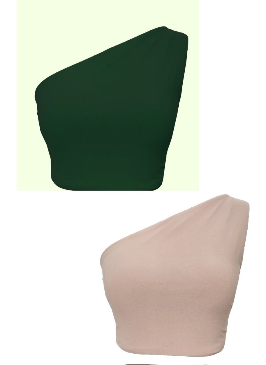 Due Stelle Double Sided Women's One Shoulder Crop Blouse Green - Beige  - Image 1