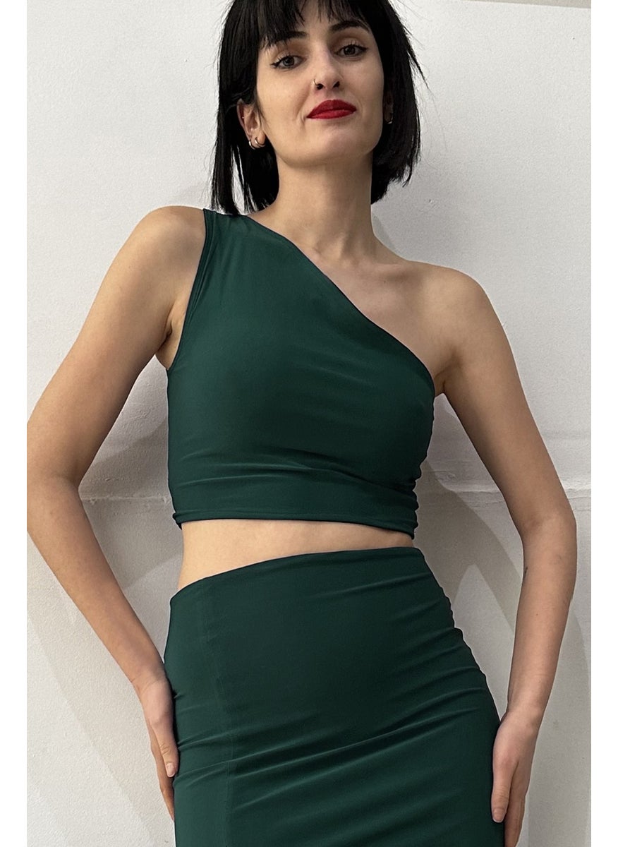 Due Stelle Double Sided Women's One Shoulder Crop Blouse Green - Beige  - Image 4