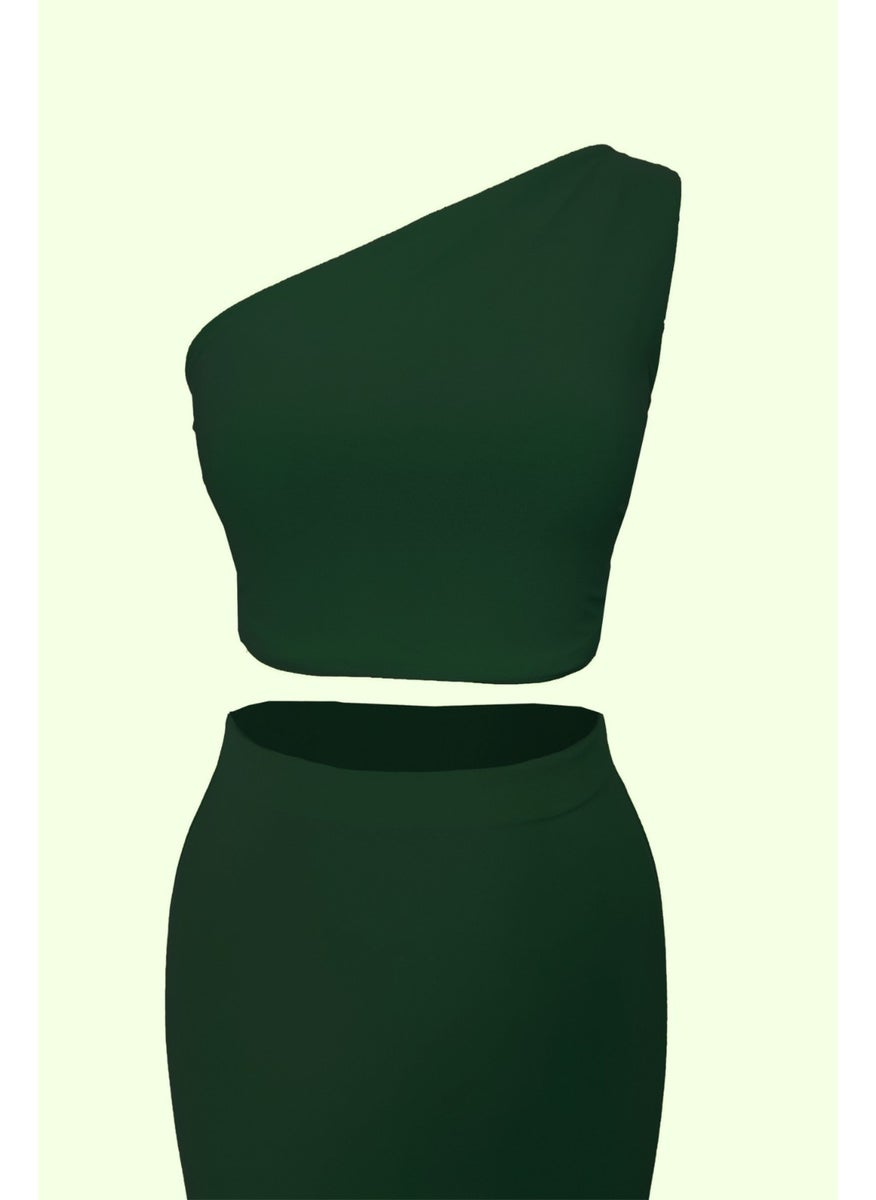 Due Stelle Double Sided Women's One Shoulder Crop Blouse Green - Beige  - Image 5