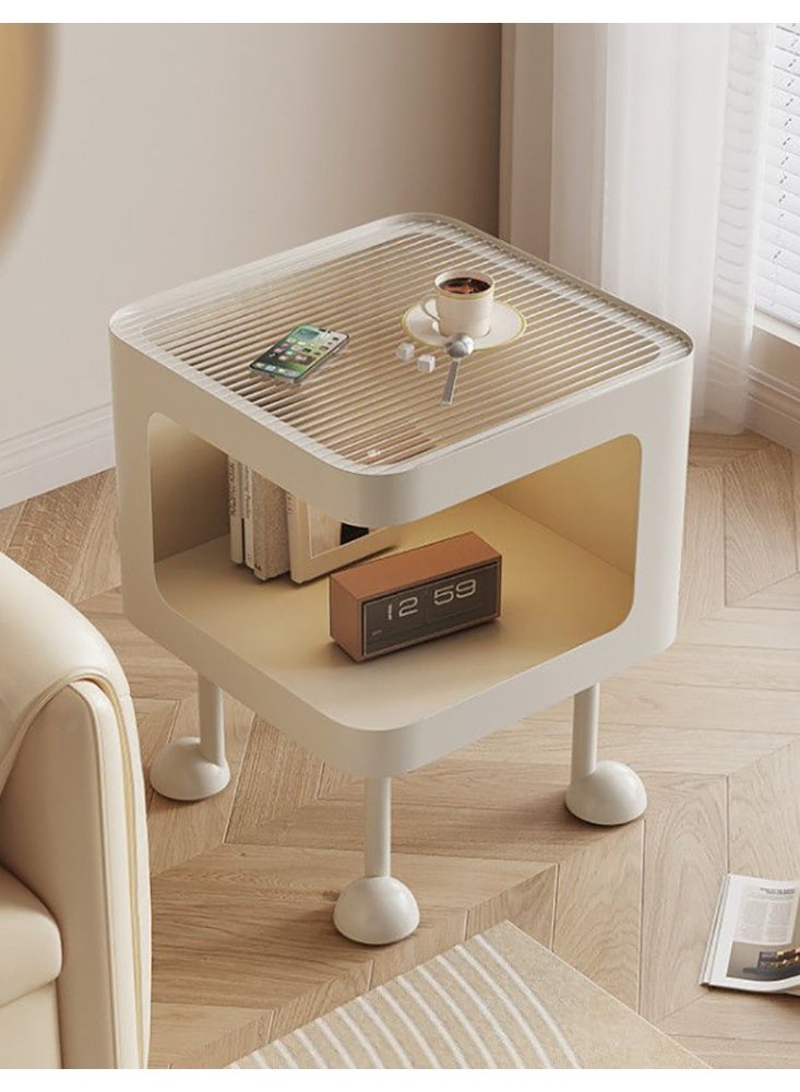 طاولة سرير LED لطيفة، ضوء مستشعر مدمج، رف تخزين مفتوح، أرجل متينة، طاولة جانبية بسيطة، طاولة جانبية بسيطة لغرفة النوم/غرفة المعيشة، بيضاء، JJT-238 - Image 1