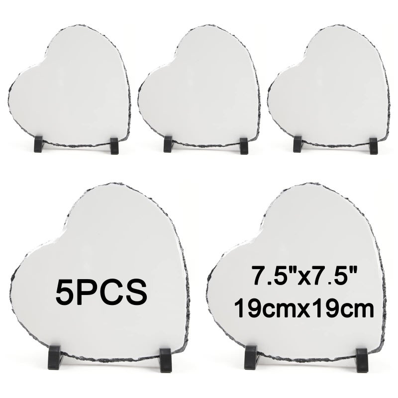 ORJ 5 Pack Sublimation Slate Blanks 7.5x7.5 Inch heart Custom Stone Slate Picture Frame Heat Transfer Rock Photo Plaque with Display Stand Decoration for Desktop Souvenir (sublimation slate heart x 5pcs) - Image 1