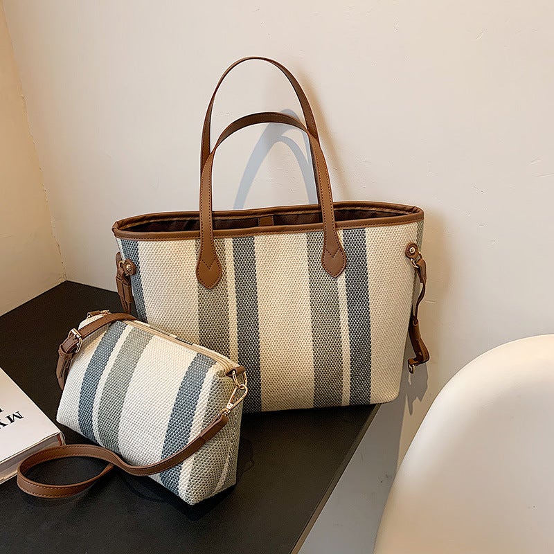 2024 Commuting Shoulder College Student Class Bag Women'S Casual Casual Large Capacity Striped Canvas Handheld Tote Bag - Image 2