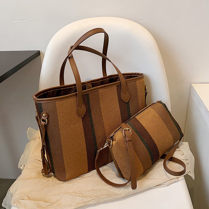 2024 Commuting Shoulder College Student Class Bag Women'S Casual Casual Large Capacity Striped Canvas Handheld Tote Bag - Image 1