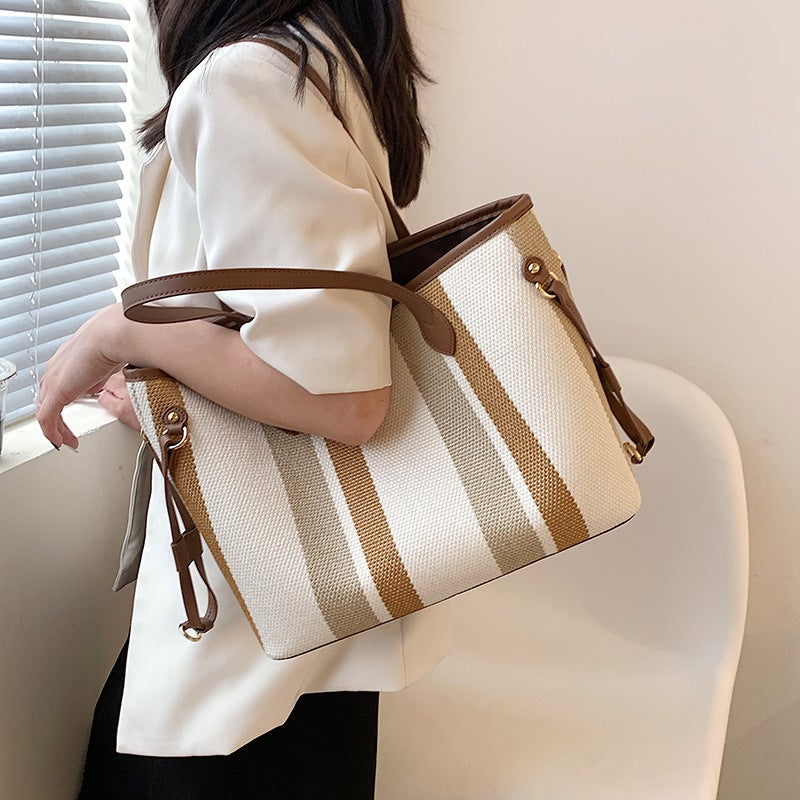 2024 Commuting Shoulder College Student Class Bag Women'S Casual Casual Large Capacity Striped Canvas Handheld Tote Bag - Image 5