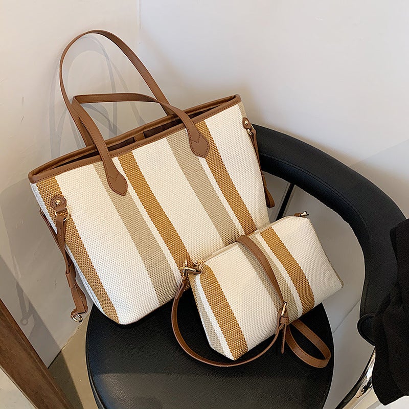 2024 Commuting Shoulder College Student Class Bag Women'S Casual Casual Large Capacity Striped Canvas Handheld Tote Bag - Image 4