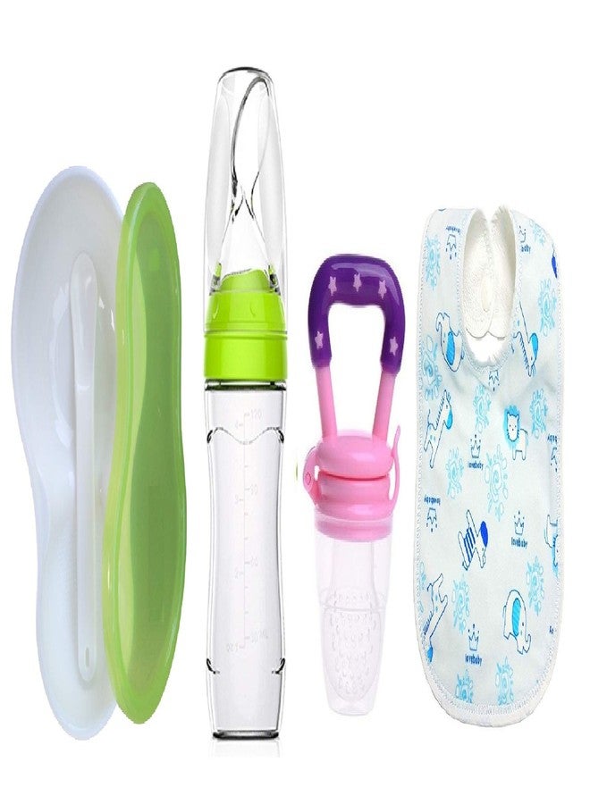 Lappu Baby Travel Time Feeding Food Storage Container Unbreakable Portable Dispenser Bowl with Spoon Baby Food Serve Bowl and Baby Food Feeder Fruit Nibbler with Bib All in One Pack (Green) - Image 1