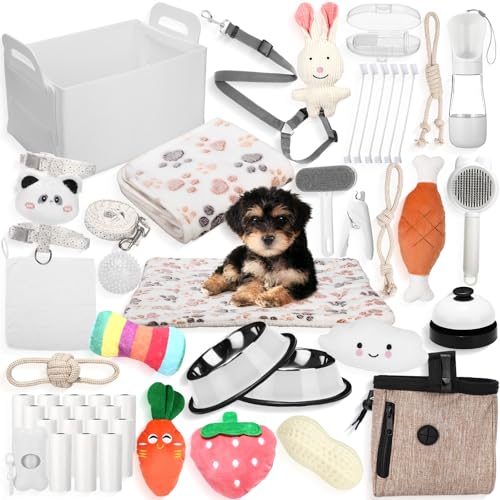 Abbylike 50 Pcs Puppy Supplies Starter Kit for Small Dogs Puppy Essentials Includes Leash Bowls Teeth Brushes Water Bottle and More Accessories for Dogs Christmas Welcome Gift White - Image 1