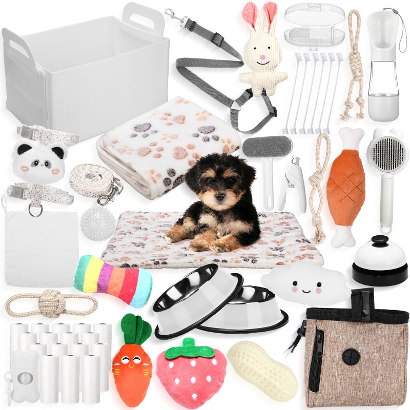 Abbylike 50 Pcs Puppy Supplies Starter Kit for Small Dogs Puppy Essentials Includes Leash Bowls Teeth Brushes Water Bottle and More Accessories for Dogs Christmas Welcome Gift White - Image 2