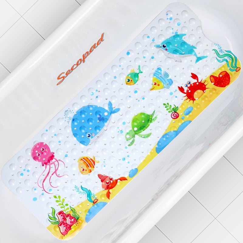 Secopad Kids Bath Mat Non-Slip Bath Mat for Bathtub 40 x 16 Inches Large Cartoon Whale Non-Slip Bath Mat for Baby Drain Right 40 x 16 Inches Small - Image 1