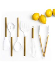 STYLED SETTINGS White Silicone and Gold Cooking Utensils for Modern Cooking and Serving, Stainless Steel Gold Serving - Image 1