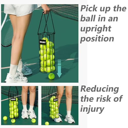 Selbst Tennis Ball Hopper, Tennis Balls Basket, Portable Pickleball Collector with Mesh Carry Bag - Large Capacity Carrier Picker Upper Caddy - Image 2