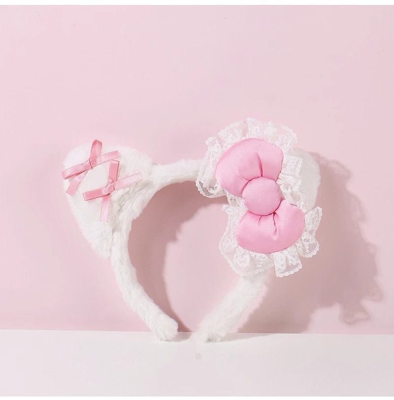 Generic Cute Little Frog Hair Band Womens Facial Mask Special Cartoon Korean Plush Hair Band Winter Hair Band Hairpin White lace bow headband