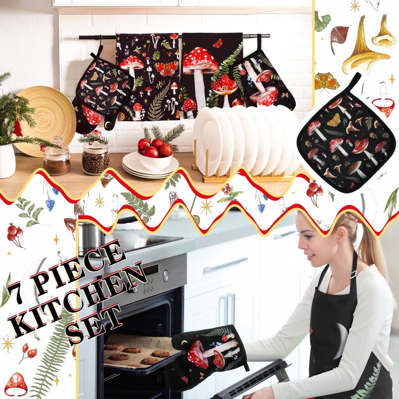 Bencailor 7 Pcs Mushroom Kitchen Towels Oven Mitt and Pot Holder Apron Kitchen Decor Gifts for Mother's Day Birthday - Image 2