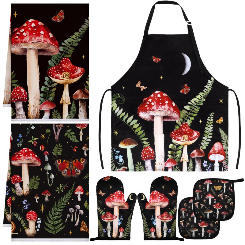 Bencailor 7 Pcs Mushroom Kitchen Towels Oven Mitt and Pot Holder Apron Kitchen Decor Gifts for Mother's Day Birthday - Image 1