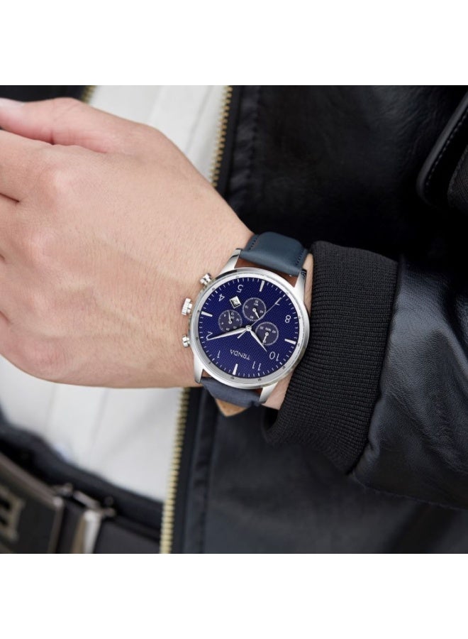 ترندا ساعة TRNDA الفولاذية الرجالية - طراز خالد مع سوار جلد أزرق ومينا داكن - Image 2