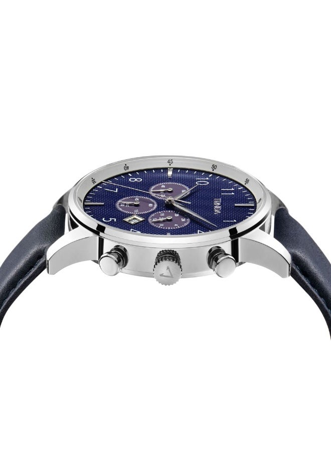 ترندا ساعة TRNDA الفولاذية الرجالية - طراز خالد مع سوار جلد أزرق ومينا داكن - Image 3