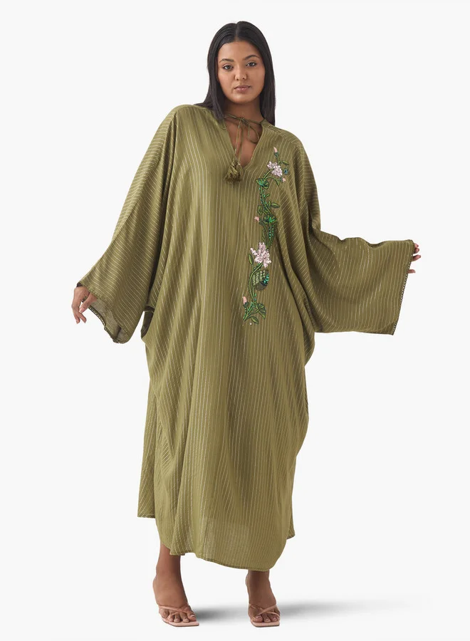 Ulla Popken Plus Size Ulla Popken Floral Embellished Kaftan Dress with Tie-Up Neck