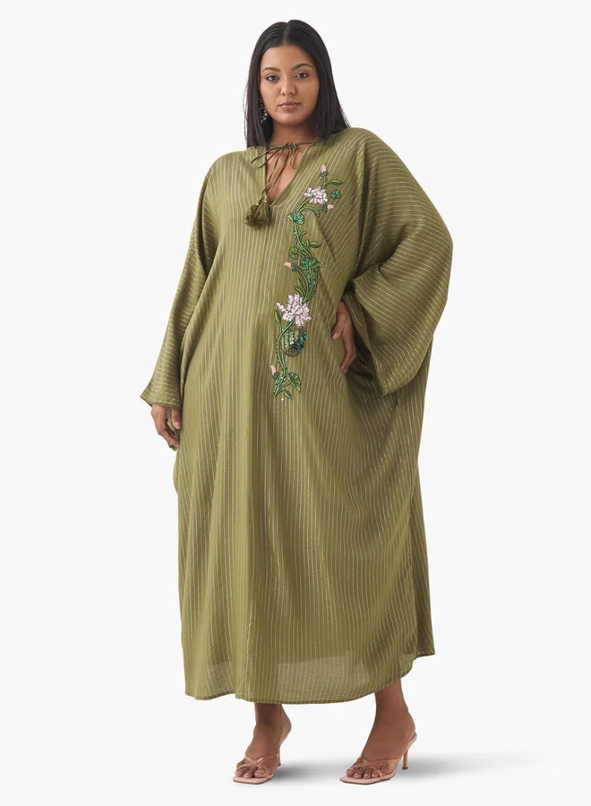 Ulla Popken Plus Size Ulla Popken Floral Embellished Kaftan Dress with Tie-Up Neck