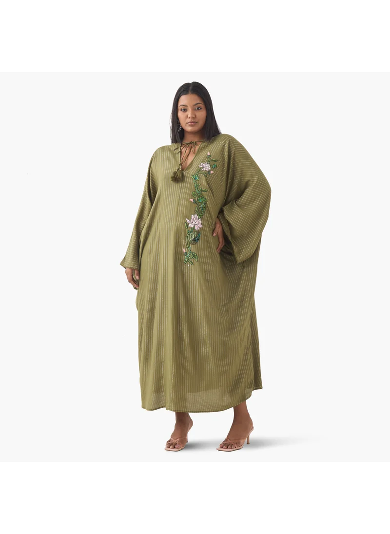 Ulla Popken Plus Size Ulla Popken Floral Embellished Kaftan Dress with Tie-Up Neck