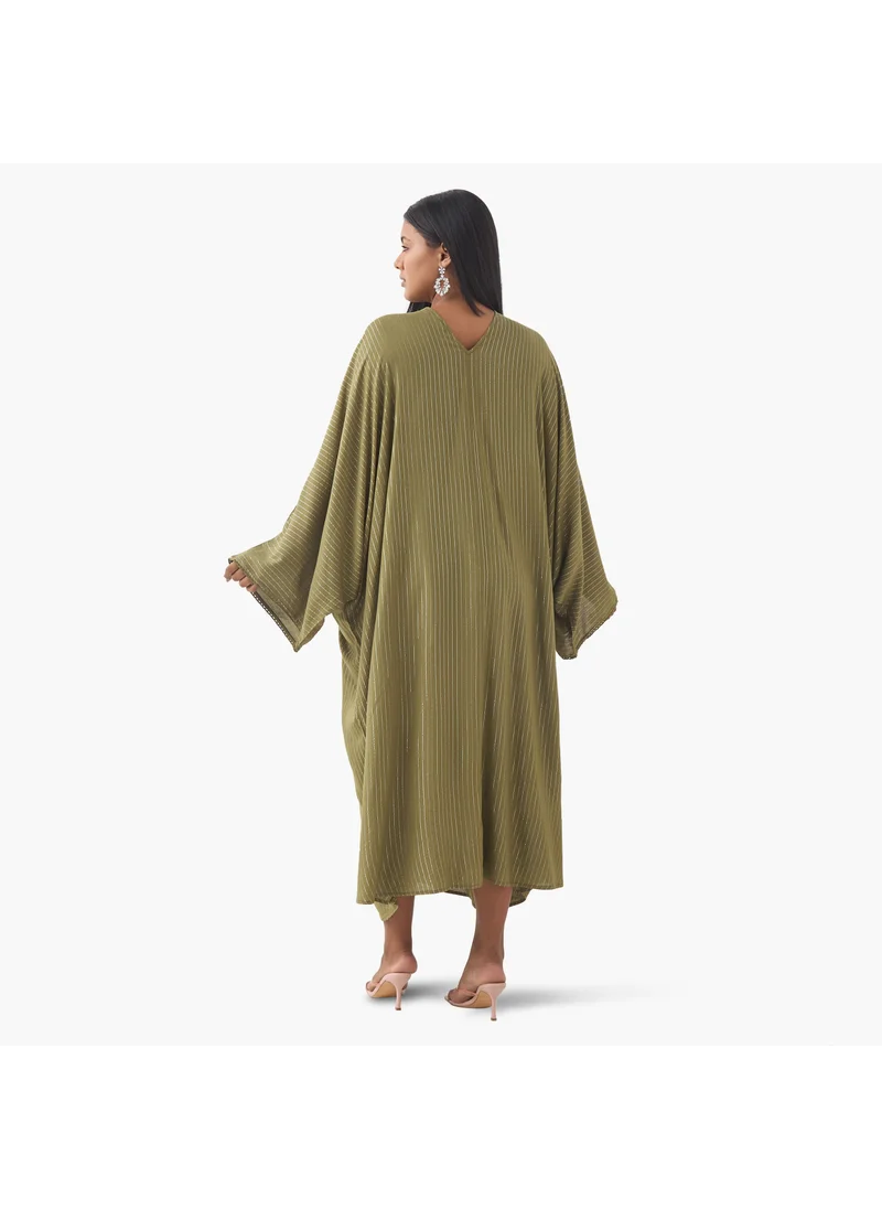  أولا بوبكن Plus Size Ulla Popken Floral Embellished Kaftan Dress with Tie-Up Neck