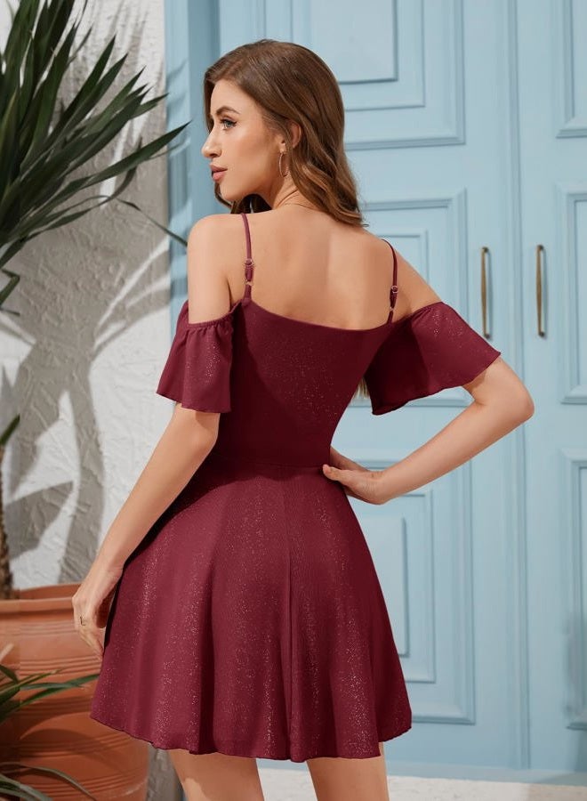 Meetjen Women's Short Homecoming Dresses for Teens Formal Party Off Shoulder Tulle Sparkly Cocktail Prom Dress 2025, A-burgundy, S - Image 2