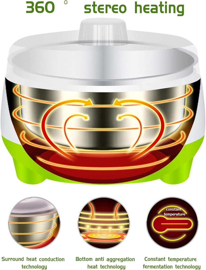 cheekyglo Yogurt Maker Machine, Household Appliances Automatic Fermented Yogurt Maker with Stainless Steel Inner Pot, Durable DIY Breakfast Baby, Kids, Home Organic Use (Green) - Image 2