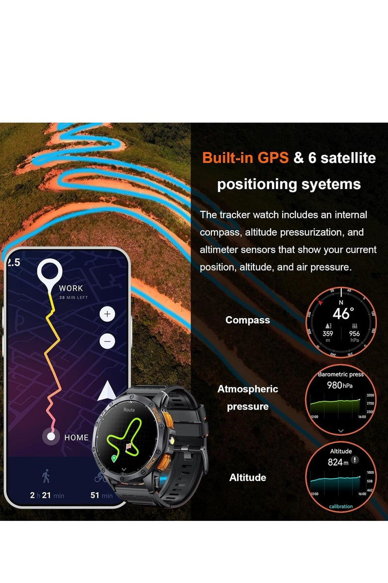Military Smart Watch Built-in GPS, 170+ Sport Modes for Men with Flashlight, Sport Smartwatch IP68 Waterproof for Android & iOS, 1.43" AMOLED Screen Bluetooth Call  Compass Altimeter Outdoor Black - Image 2