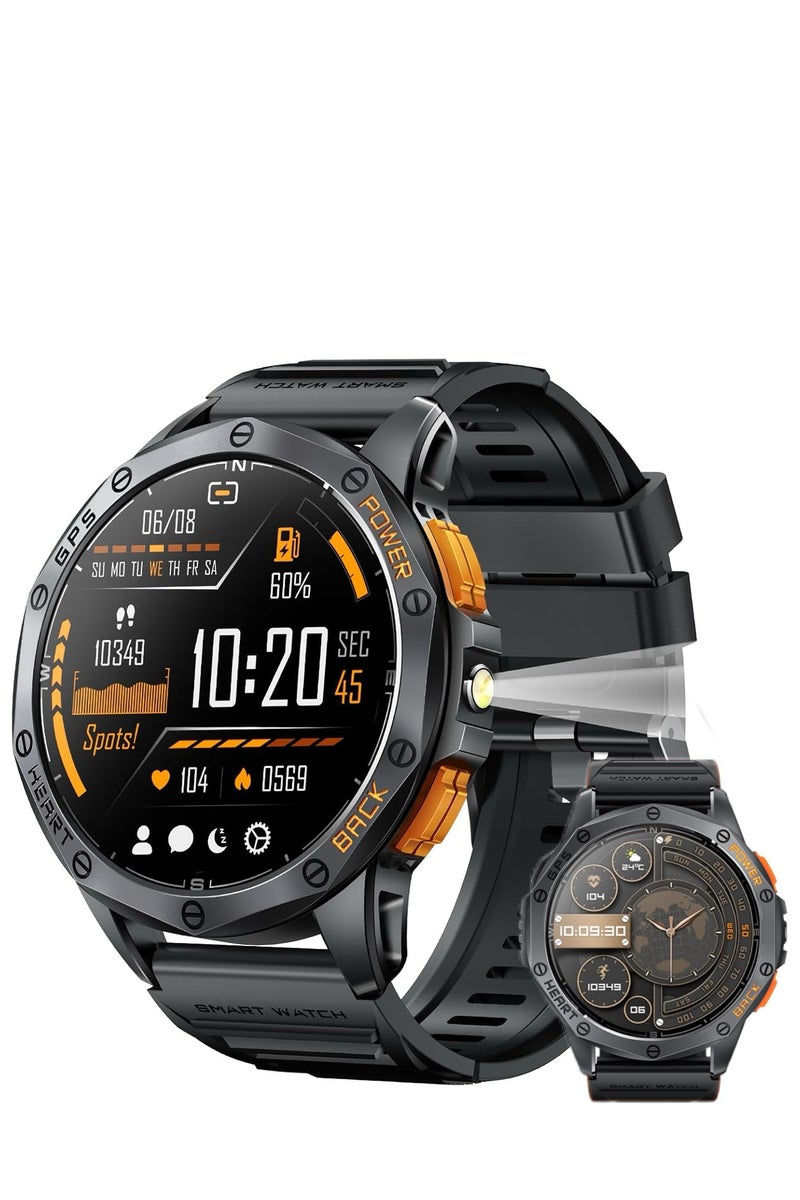 Military Smart Watch Built-in GPS, 170+ Sport Modes for Men with Flashlight, Sport Smartwatch IP68 Waterproof for Android & iOS, 1.43" AMOLED Screen Bluetooth Call  Compass Altimeter Outdoor Black - Image 1